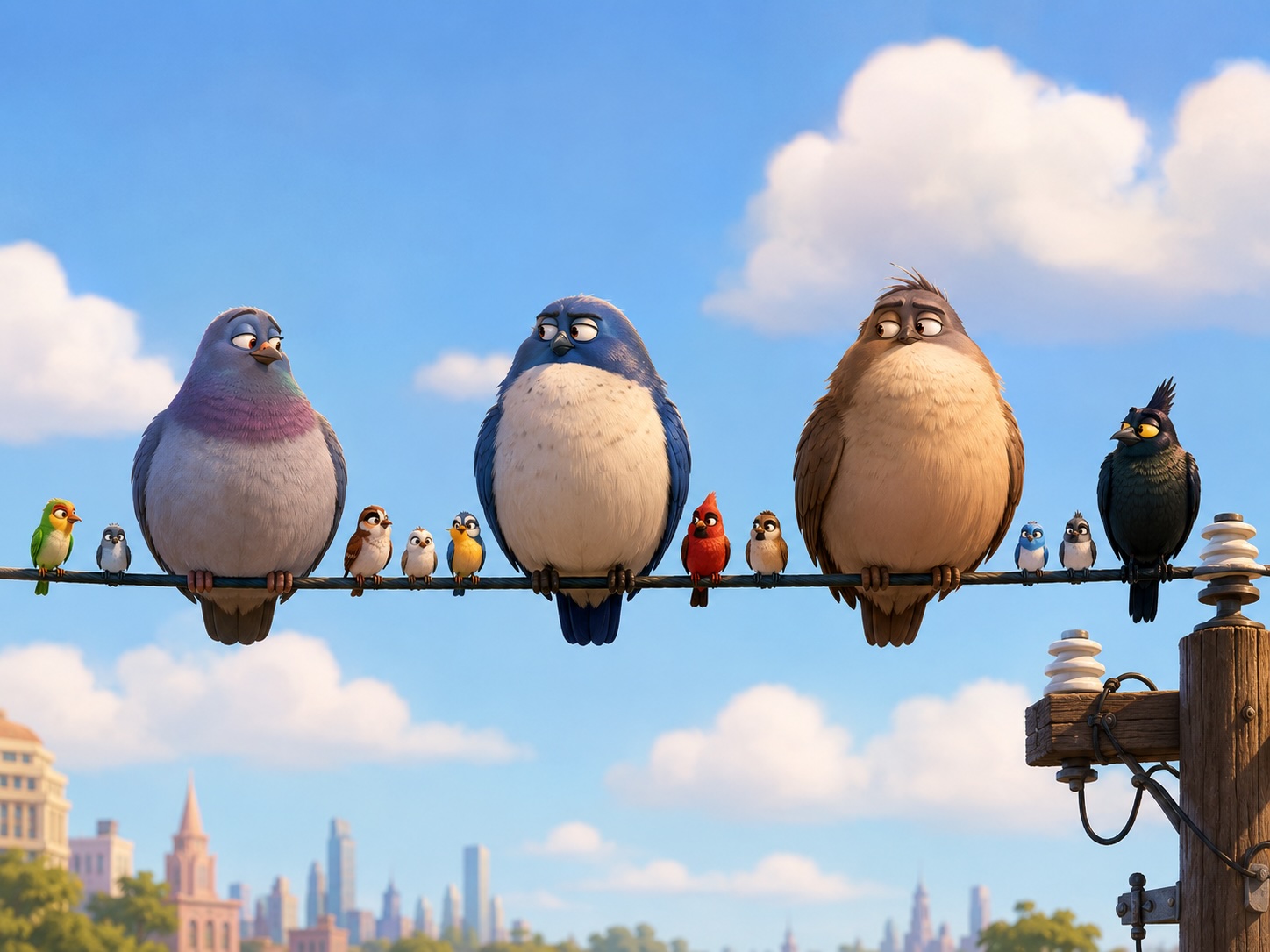 A cartoon row of birds perched on a power line: three plump, oversized birds dominate the wire while several small birds sit between them, a visual metaphor for a few heavily weighted observations dwarfing many lightly weighted ones.
