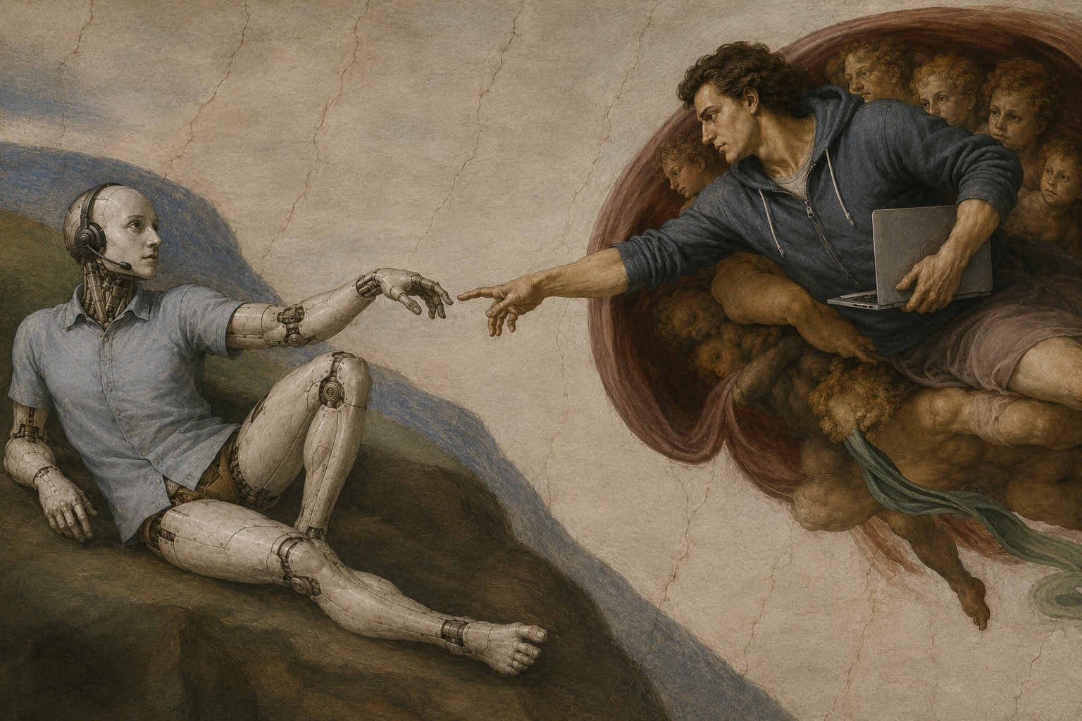 A reworking of Michelangelo's Creation of Adam: a hooded creator cradling a laptop and surrounded by cherubs reaches out to touch fingertips with a reclining humanoid robot wearing a telephone headset.