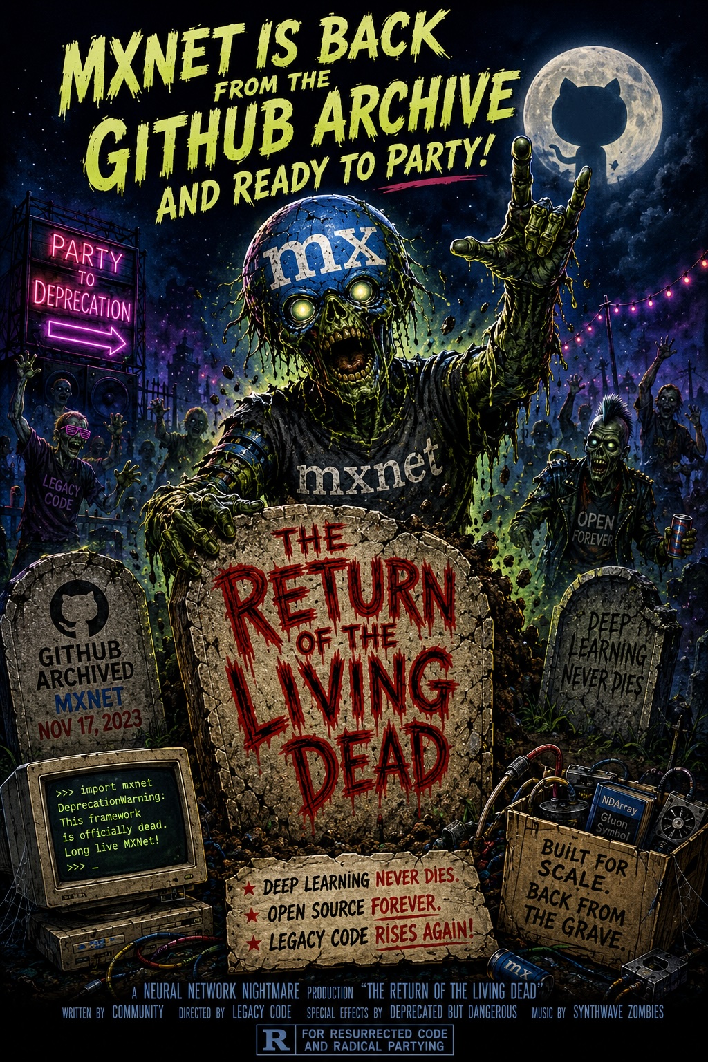 A zombie rendition of the MXNet logo, gray and shambling, illustrating a dead deep learning framework brought back to life.